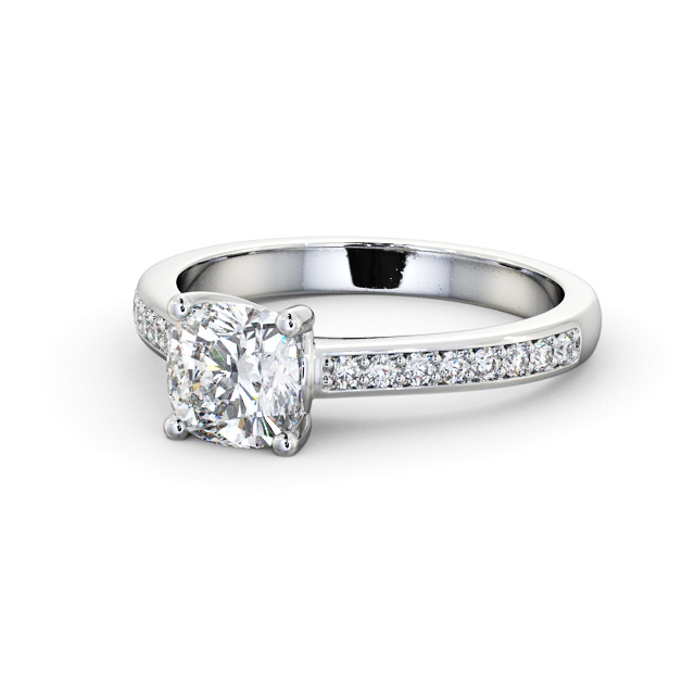 Cushion Diamond Engagement Ring 18K White Gold Solitaire With Side Stones - Minodora ENCU25S_WG_FLAT