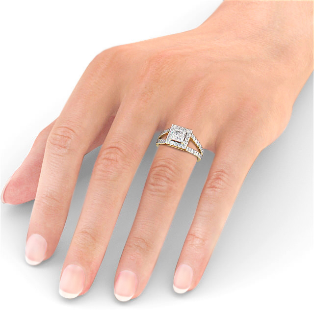 Halo Princess Diamond Engagement Ring 18K Yellow Gold - Elmore ENPR23_YG_HAND