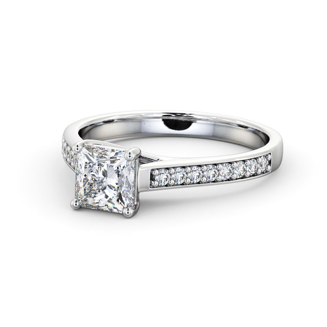 Princess Diamond Engagement Ring 18K White Gold Solitaire With Side Stones - Malvina ENPR42S_WG_FLAT