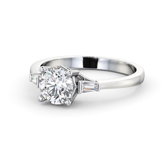 Round Diamond Engagement Ring Platinum Solitaire With Baguette Side Stones - Olgi ENRD159S_WG_FLAT