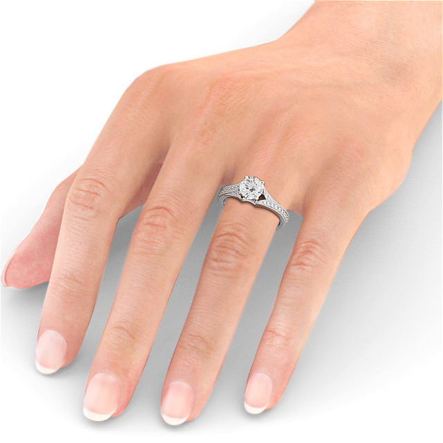 Round Diamond Engagement Ring Palladium Solitaire With Side Stones - Langham ENRD164S_WG_HAND