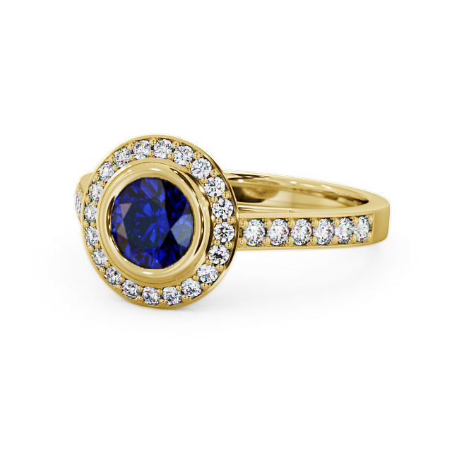 Halo Blue Sapphire and Diamond 1.36ct Ring 18K Yellow Gold - Allerby ENRD44GEM_YG_BS_FLAT