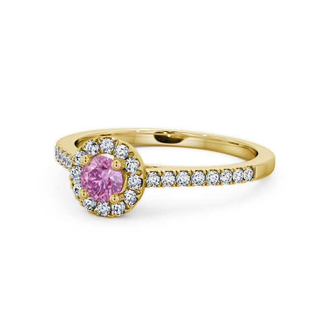 Halo Pink Sapphire and Diamond 0.58ct Ring 9K Yellow Gold - Belvoir ENRD54GEM_YG_PS_FLAT