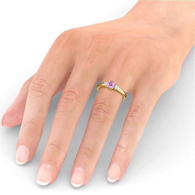 Three Stone Pink Sapphire and Diamond 0.89ct Ring 9K Yellow Gold - Delia GEM27_YG_PS_HAND