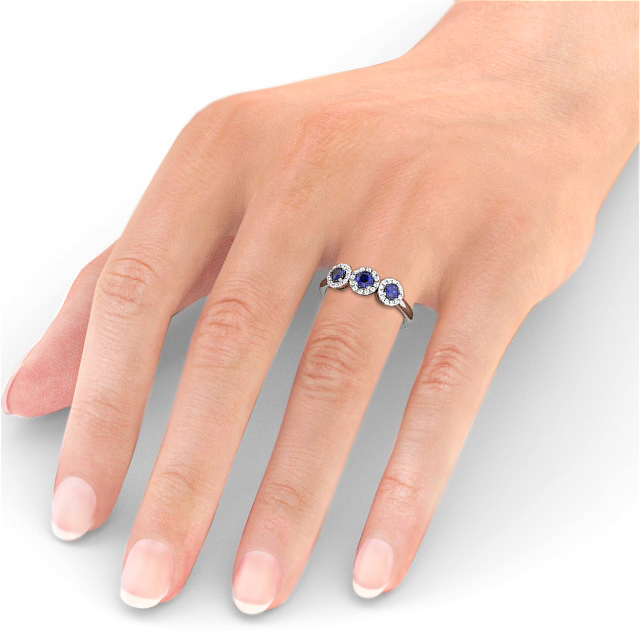Three Stone Cluster Blue Sapphire and Diamond 0.64ct Ring 9K White Gold - Addiewell TH19GEM_WG_BS_HAND