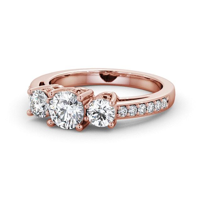 Three Stone Round Diamond Ring 18K Rose Gold With Side Stones - Beaumont TH20_RG_FLAT