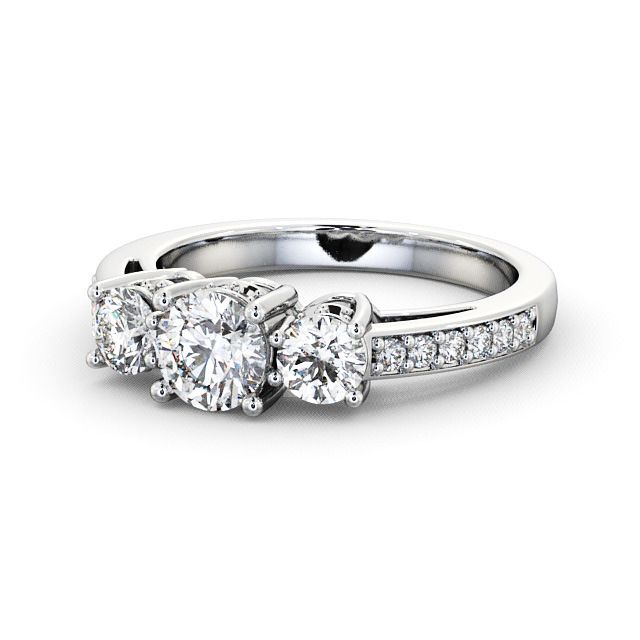 Three Stone Round Diamond Ring 18K White Gold With Side Stones - Beaumont TH20_WG_FLAT
