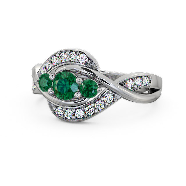 Three Stone Emerald and Diamond 0.59ct Ring 18K White Gold - Belsay TH23GEM_WG_EM_FLAT