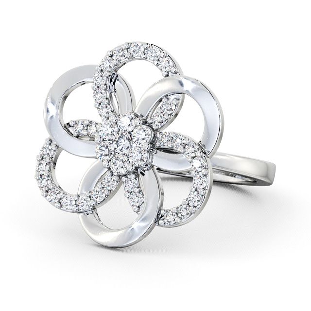 Floral Round Diamond 0.42ct Cocktail Ring 18K White Gold - Estella AD3_WG_FLAT