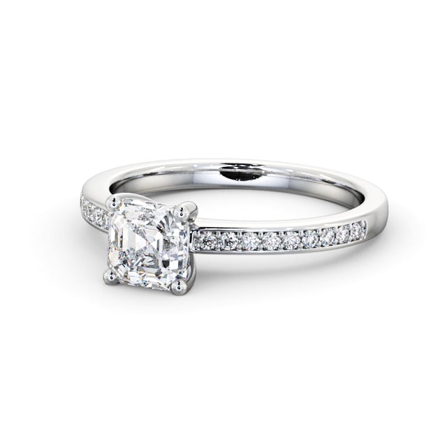 Asscher Diamond Engagement Ring 18K White Gold Solitaire With Side Stones - Brearley ENAS19S_WG_FLAT