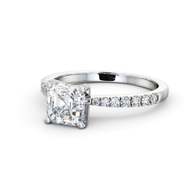 Asscher Diamond Engagement Ring 18K White Gold Solitaire With Side Stones - Stretone ENAS21S_WG_FLAT