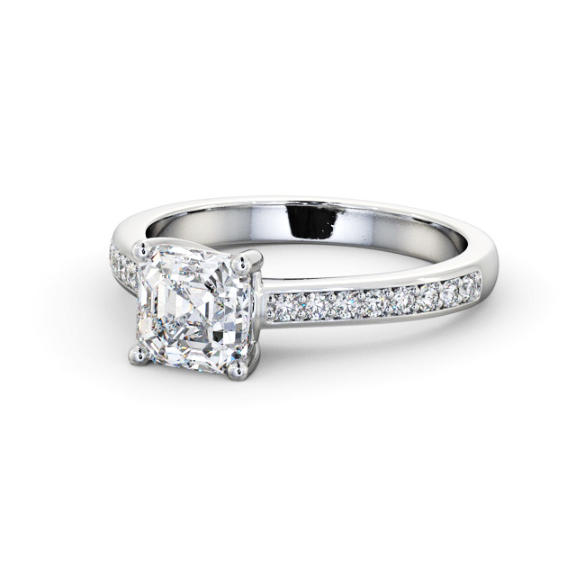 Asscher Diamond Engagement Ring 18K White Gold Solitaire With Side Stones - Yula ENAS23S_WG_FLAT