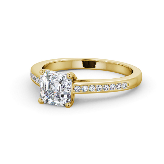 Asscher Diamond Engagement Ring 9K Yellow Gold Solitaire With Side Stones - Shrawley ENAS27S_YG_FLAT
