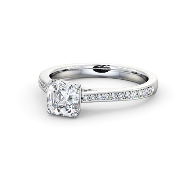 Asscher Diamond Engagement Ring 18K White Gold Solitaire With Side Stones - Tempel ENAS34S_WG_FLAT