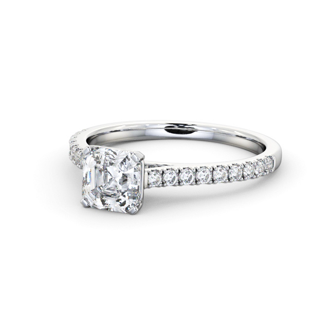 Asscher Diamond Engagement Ring 18K White Gold Solitaire With Side Stones - Terring ENAS35S_WG_FLAT