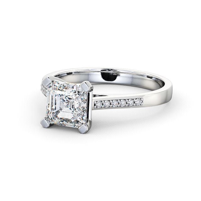 Asscher Diamond Engagement Ring 9K White Gold Solitaire With Side Stones - Adby ENAS7S_WG_FLAT