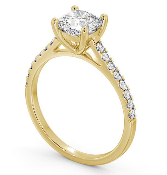 Cushion Diamond Classic 4 Prong Engagement Ring 18K Yellow Gold Solitaire with Channel Set Side Stones ENCU18_YG_THUMB1