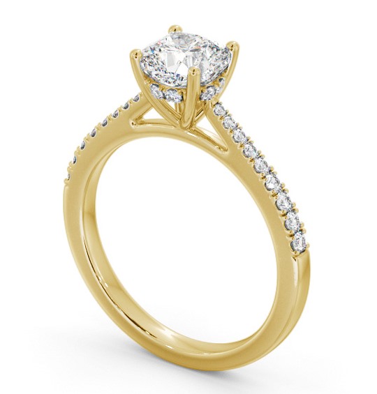 Cushion Diamond Engagement Ring 18K Yellow Gold Solitaire with Channel Set Side Stones and Diamond Set Rail ENCU26S_YG_THUMB1