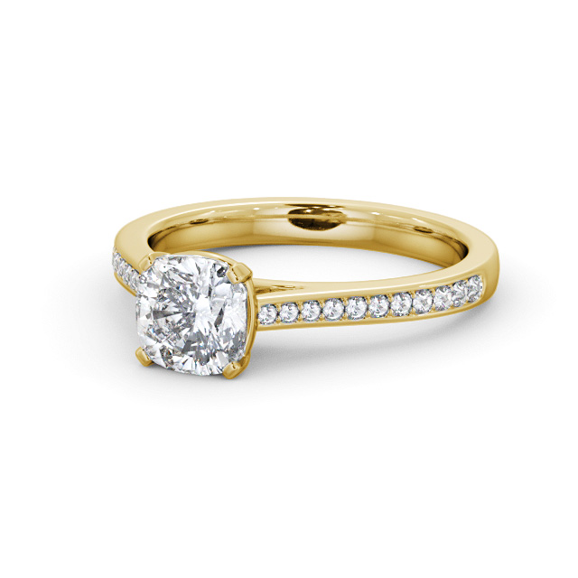 Cushion Diamond Engagement Ring 9K Yellow Gold Solitaire With Side Stones - Alsabri ENCU35S_YG_FLAT