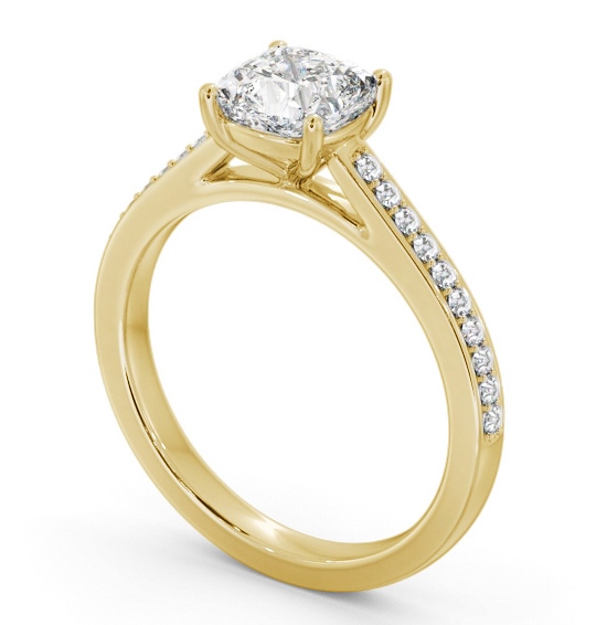 Cushion Diamond 4 Prong Engagement Ring 18K Yellow Gold Solitaire with Channel Set Side Stones ENCU37S_YG_THUMB1