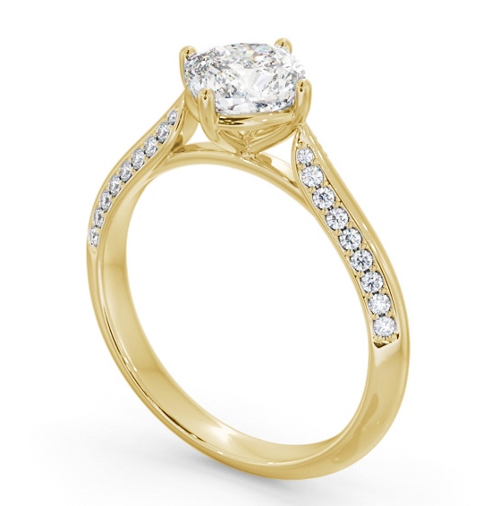 Cushion Diamond Knife Edge Band Engagement Ring 18K Yellow Gold Solitaire with Channel Set Side Stones ENCU42S_YG_THUMB1