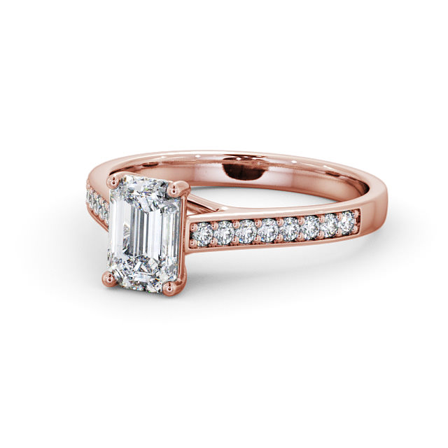 Emerald Diamond Engagement Ring 9K Rose Gold Solitaire With Side Stones - Oteley ENEM24S_RG_FLAT