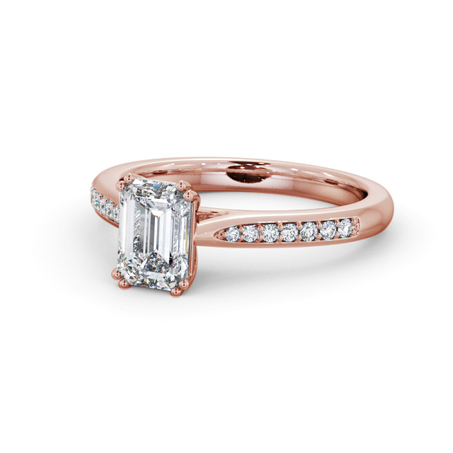 Emerald Diamond Engagement Ring 9K Rose Gold Solitaire With Side Stones - Kyotile ENEM38S_RG_FLAT