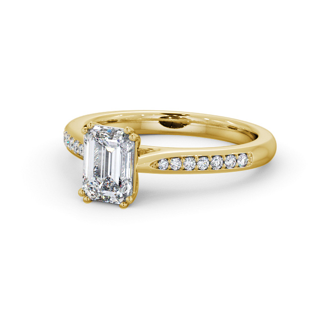 Emerald Diamond Engagement Ring 9K Yellow Gold Solitaire With Side Stones - Kyotile ENEM38S_YG_FLAT