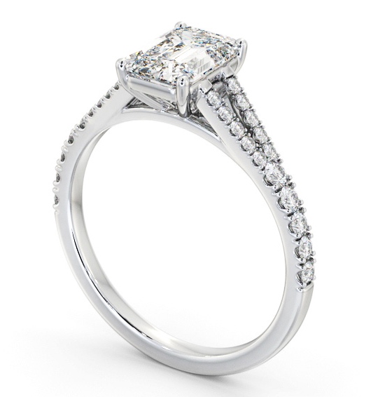 Emerald Diamond Split Band Engagement Ring 9K White Gold Solitaire with Channel Set Side Stones ENEM40S_WG_THUMB1 
