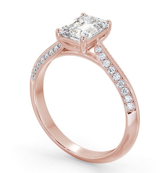 Emerald Diamond Knife Edge Band Engagement Ring 9K Rose Gold Solitaire with Channel Set Side Stones ENEM52S_RG_THUMB1