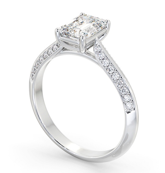 Emerald Diamond Knife Edge Band Engagement Ring 9K White Gold Solitaire with Channel Set Side Stones ENEM52S_WG_THUMB1 