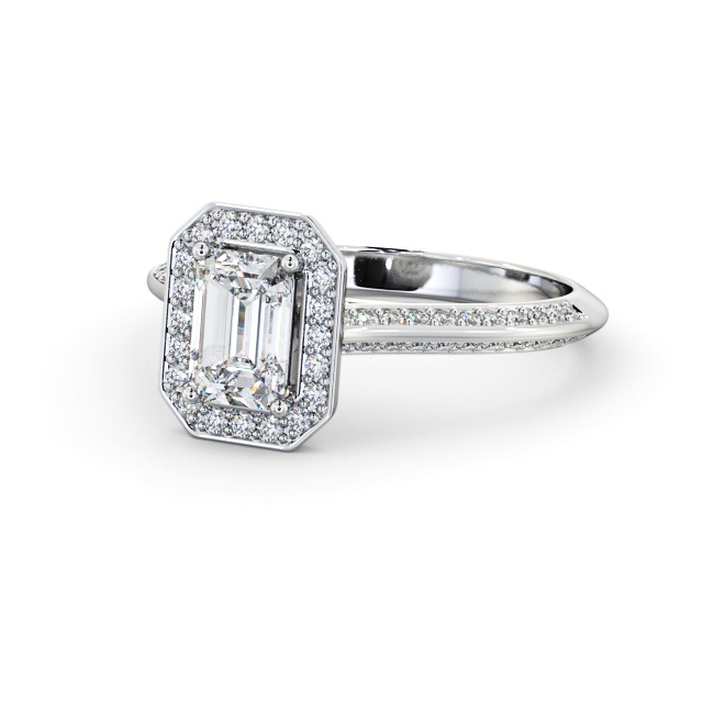 Halo Emerald Diamond Engagement Ring 18K White Gold - Ariella ENEM58_WG_FLAT