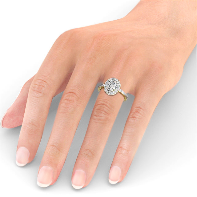 Halo Oval Diamond Engagement Ring 9K Yellow Gold - Addington ENOV8_YG_HAND