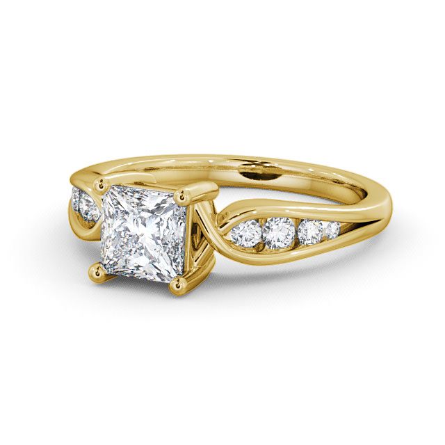 Princess Diamond Engagement Ring 9K Yellow Gold Solitaire With Side Stones - Ouston ENPR28_YG_FLAT