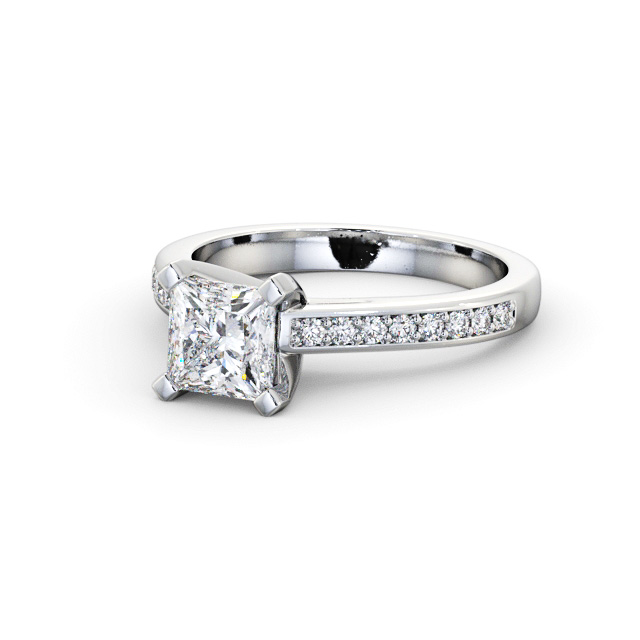 Princess Diamond Engagement Ring 18K White Gold Solitaire With Side Stones - Zenaide ENPR61S_WG_FLAT