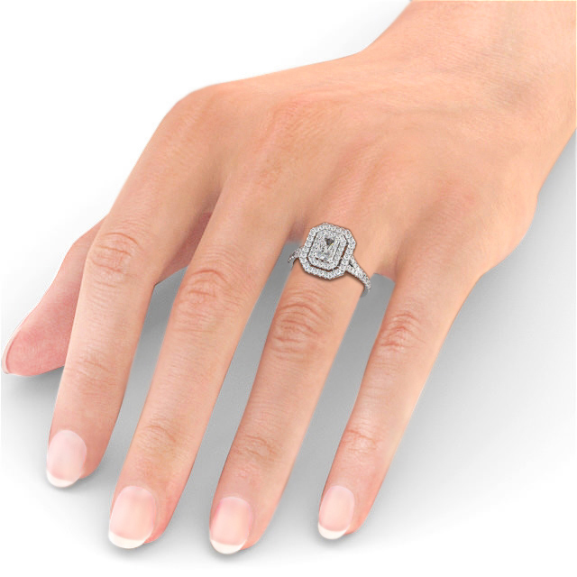 Halo Radiant Diamond Engagement Ring Platinum - Ines ENRA43_WG_HAND