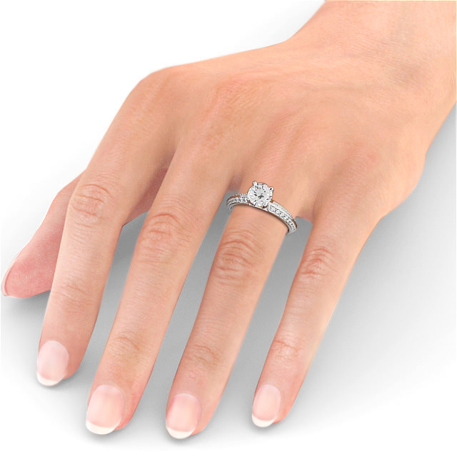 Round Diamond Engagement Ring Palladium Solitaire With Side Stones - Ipsden ENRD156S_WG_HAND
