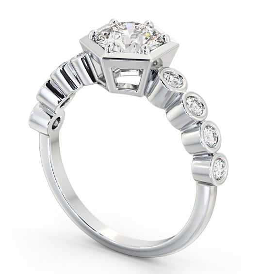 Round Diamond Hexagon Design Engagement Ring 9K White Gold Solitaire with Bezel Set Side Stones ENRD162S_WG_THUMB1