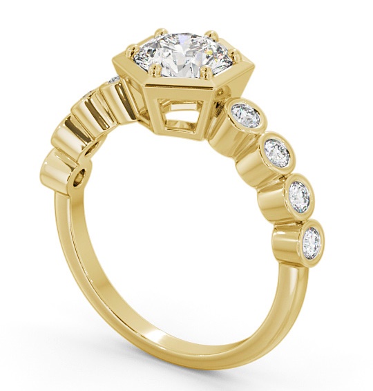 Round Diamond Hexagon Design Engagement Ring 18K Yellow Gold Solitaire with Bezel Set Side Stones ENRD162S_YG_THUMB1 