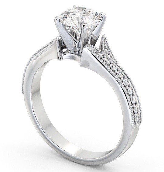 Round Diamond Vintage Style Engagement Ring 9K White Gold Solitaire with Channel Set Side Stones ENRD164S_WG_THUMB1