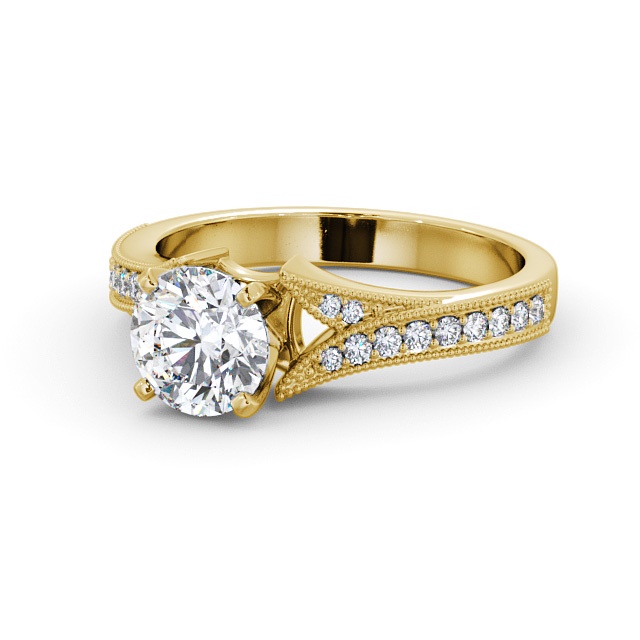Round Diamond Engagement Ring 18K Yellow Gold Solitaire With Side Stones - Langham ENRD164S_YG_FLAT