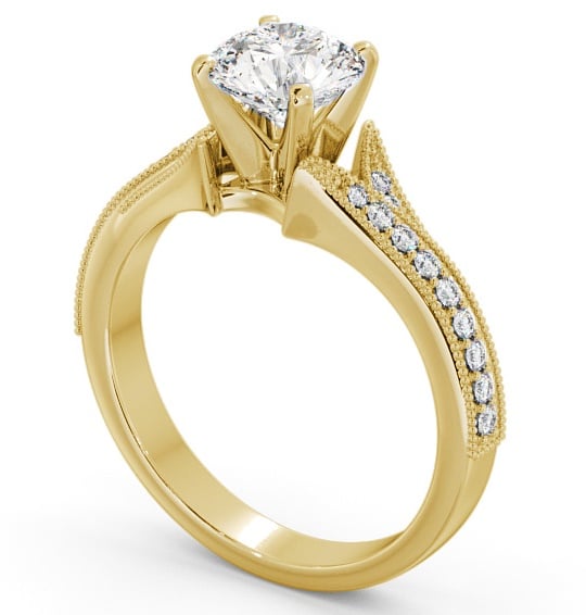 Round Diamond Vintage Style Engagement Ring 18K Yellow Gold Solitaire with Channel Set Side Stones ENRD164S_YG_THUMB1