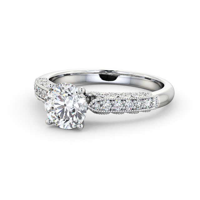 Vintage Style Engagement Ring 9K White Gold Solitaire With Side Stones - Oralie ENRD169_WG_FLAT