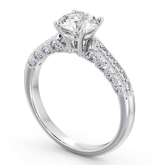 Vintage Style Intricate Design Engagement Ring 18K White Gold Solitaire with Channel Set Side Stones ENRD169_WG_THUMB1 