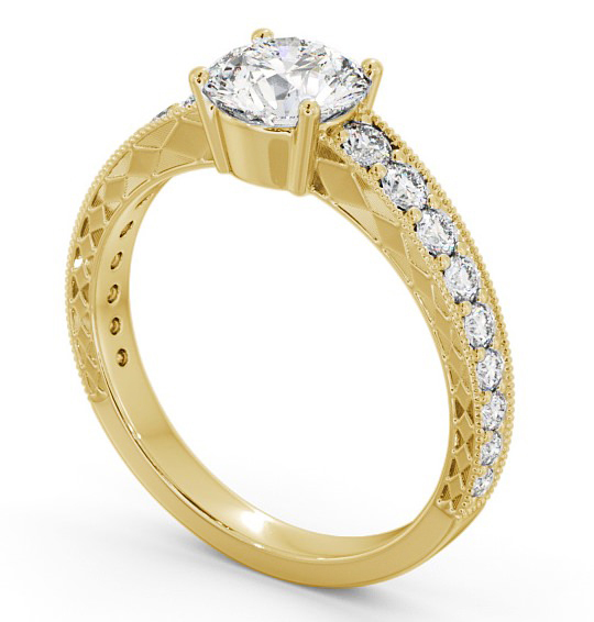 Vintage Style Textured Band Engagement Ring 18K Yellow Gold Solitaire with Channel Set Side Stones ENRD170_YG_THUMB1