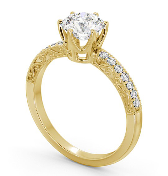 Vintage Style Intricate Detail Engagement Ring 18K Yellow Gold Solitaire with Channel Set Side Stones ENRD171_YG_THUMB1