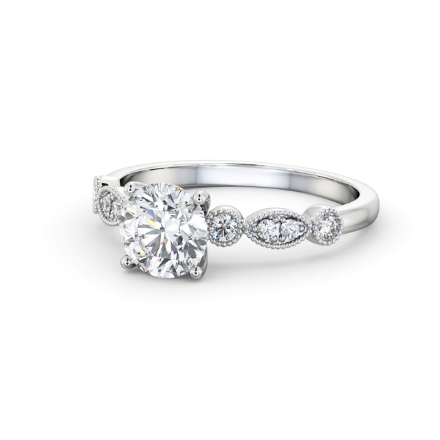 Round Diamond Engagement Ring 18K White Gold Solitaire With Side