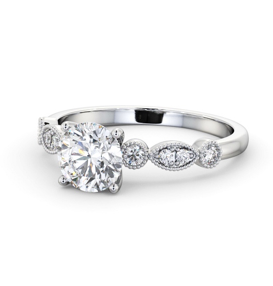 Round Diamond Vintage Style Engagement Ring 18K White Gold Solitaire with Channel Set Side Stones ENRD175S_WG_THUMB2 
