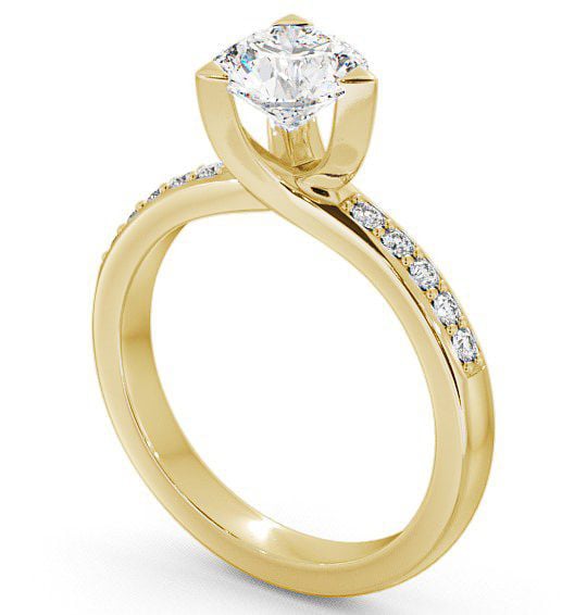 Round Diamond Rotated Head 3 Prong Engagement Ring 18K Yellow Gold Solitaire with Channel Set Side Stones ENRD17S_YG_THUMB1