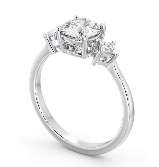 Round Diamond Engagement Ring 18K White Gold Solitaire with A Princess Diamond On Each Side ENRD183S_WG_THUMB1 